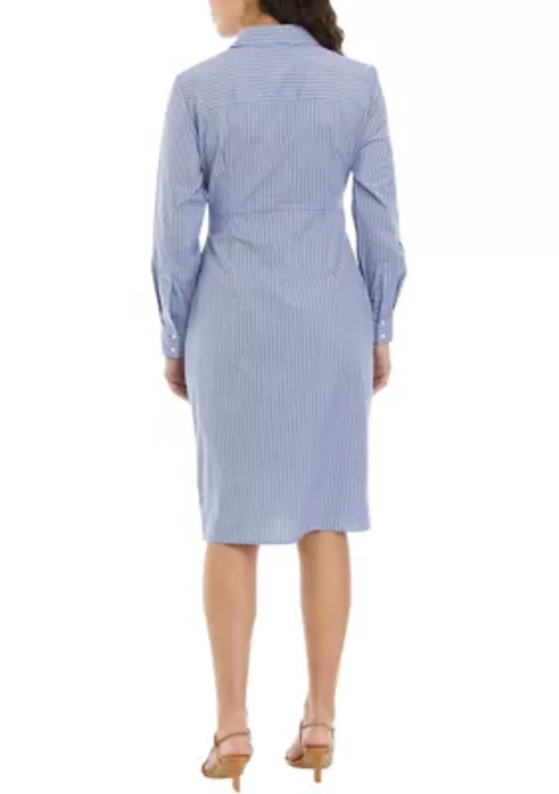 Petite Striped Tied Long Sleeve Shirtdress