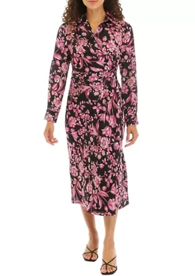 Petite Floral Print Gathered Popover Long Sleeve Midi Dress