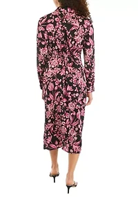 Petite Floral Print Gathered Popover Long Sleeve Midi Dress