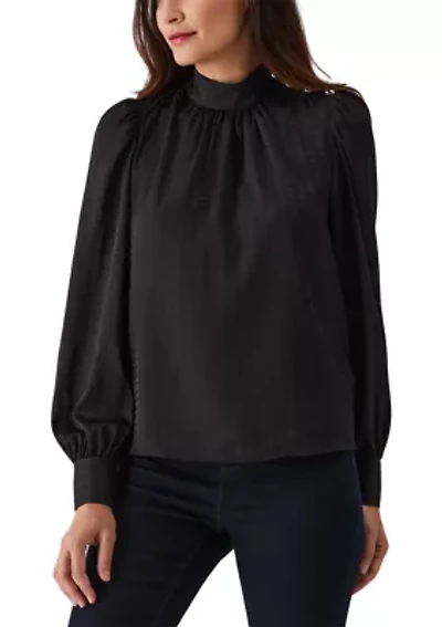 Petite Houndstooth Button Shoulder Mock Neck Long Sleeve Blouse