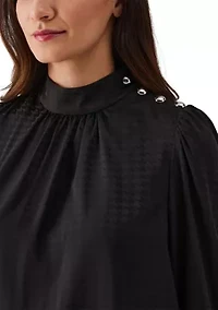 Petite Houndstooth Button Shoulder Mock Neck Long Sleeve Blouse