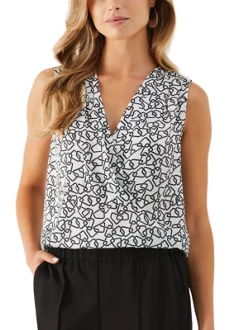 Petite Geometric Print Pleated Satin Sleeveless Shell Top