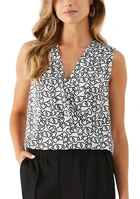 Petite Geometric Print Pleated Satin Sleeveless Shell Top