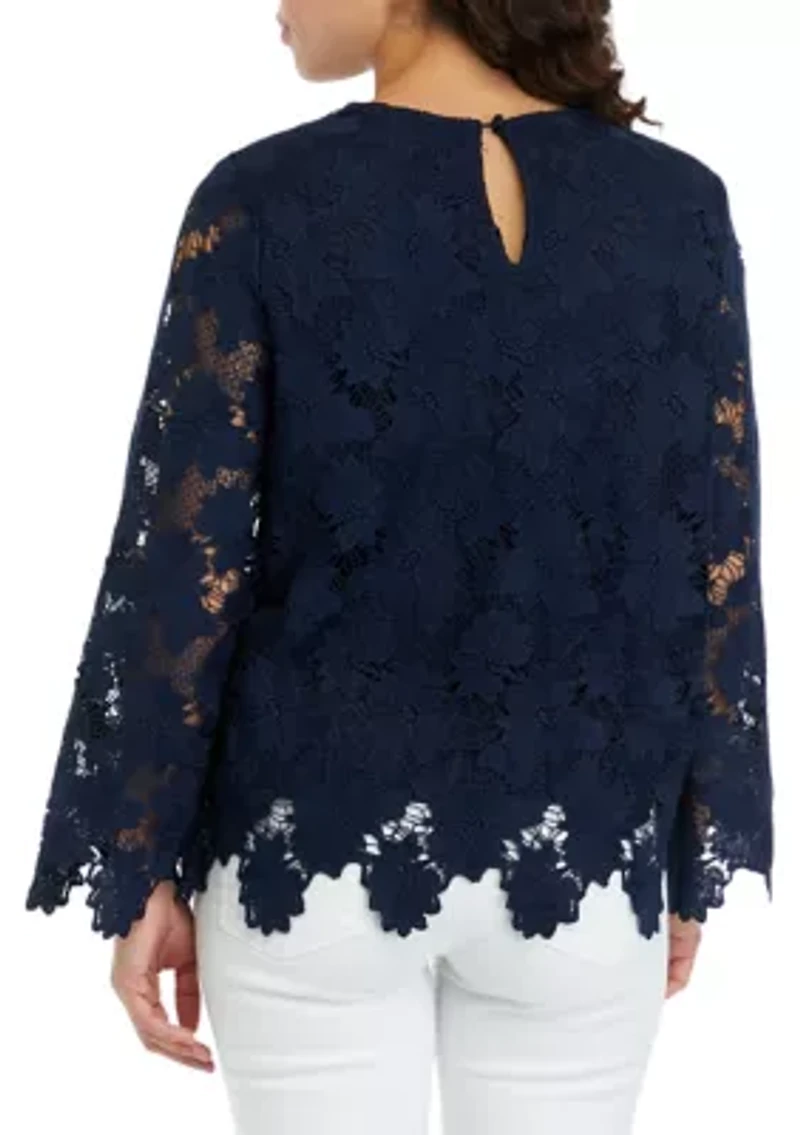 Petite Scalloped Lace Long Sleeve Blouse