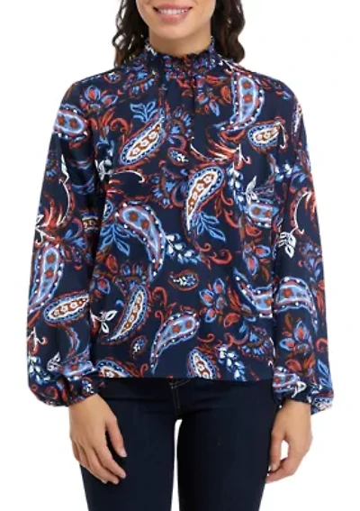 Petite Paisley Print Smocked Neck Long Sleeve Blouse