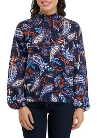 Petite Paisley Print Smocked Neck Long Sleeve Blouse