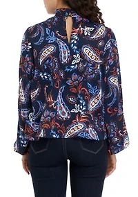 Petite Paisley Print Smocked Neck Long Sleeve Blouse