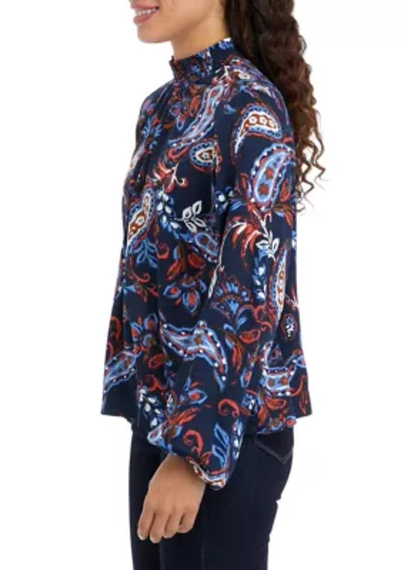 Petite Paisley Print Smocked Neck Long Sleeve Blouse