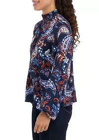 Petite Paisley Print Smocked Neck Long Sleeve Blouse