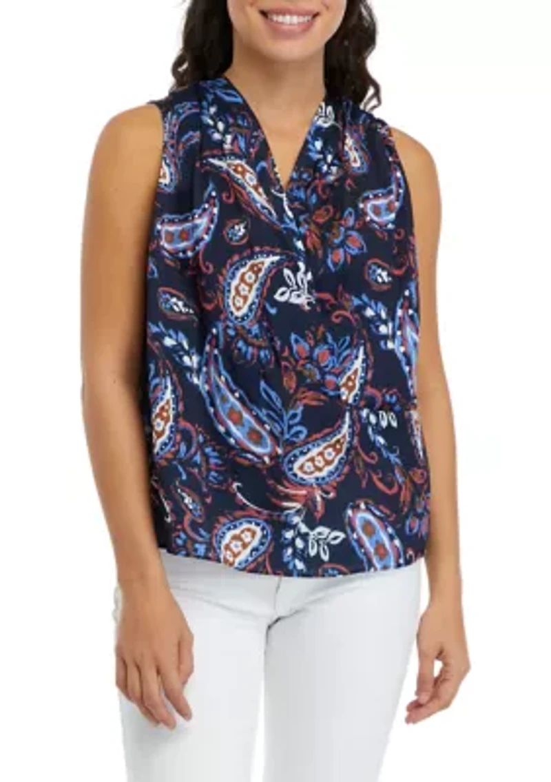 Petite Paisley Print Pleated Satin Sleeveless Shell Top