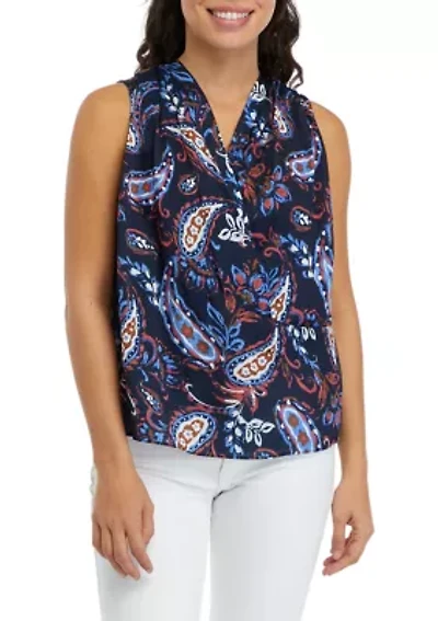 Petite Paisley Print Pleated Satin Sleeveless Shell Top
