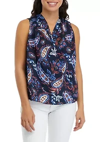 Petite Paisley Print Pleated Satin Sleeveless Shell Top
