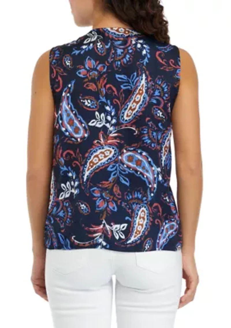 Petite Paisley Print Pleated Satin Sleeveless Shell Top