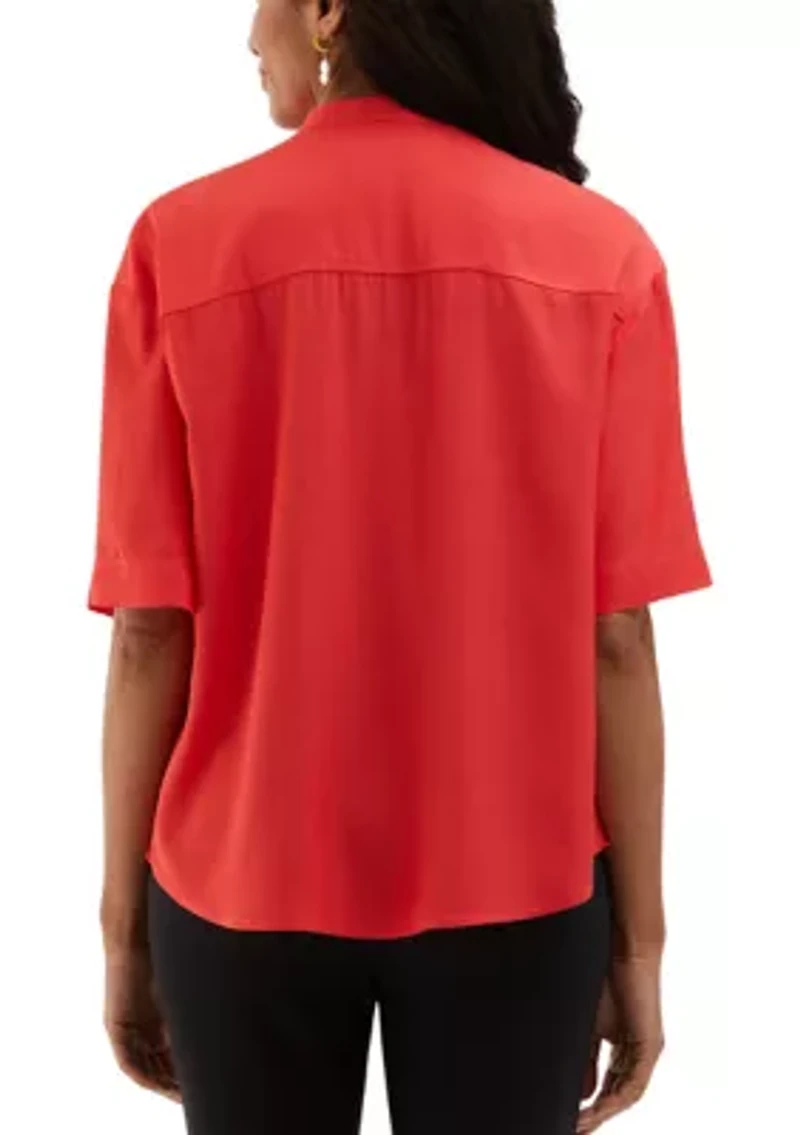 Petite Smocked Banded Collar Short Sleeve Top