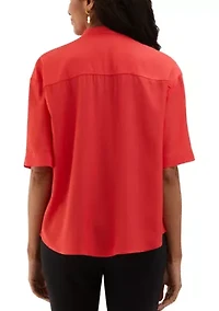 Petite Smocked Banded Collar Short Sleeve Top