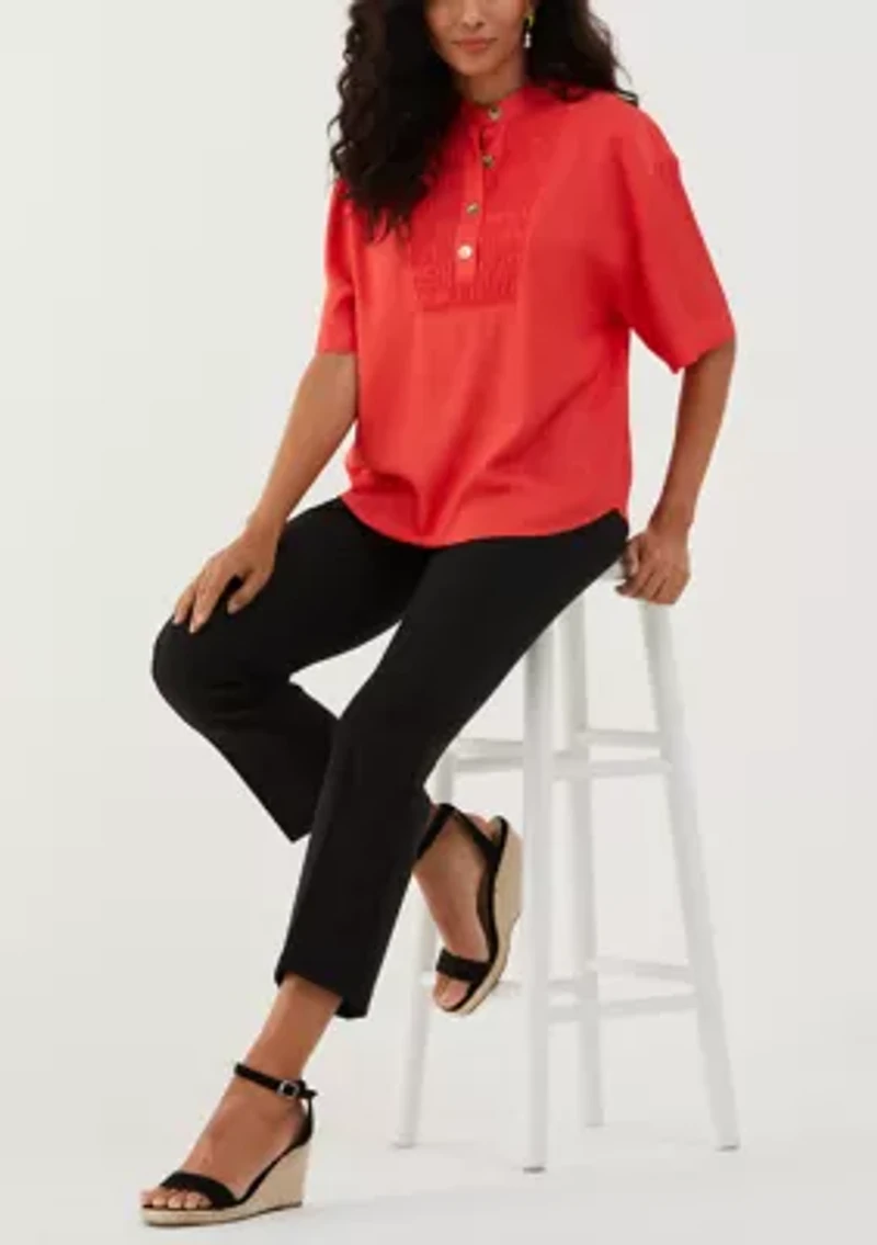 Petite Smocked Banded Collar Short Sleeve Top