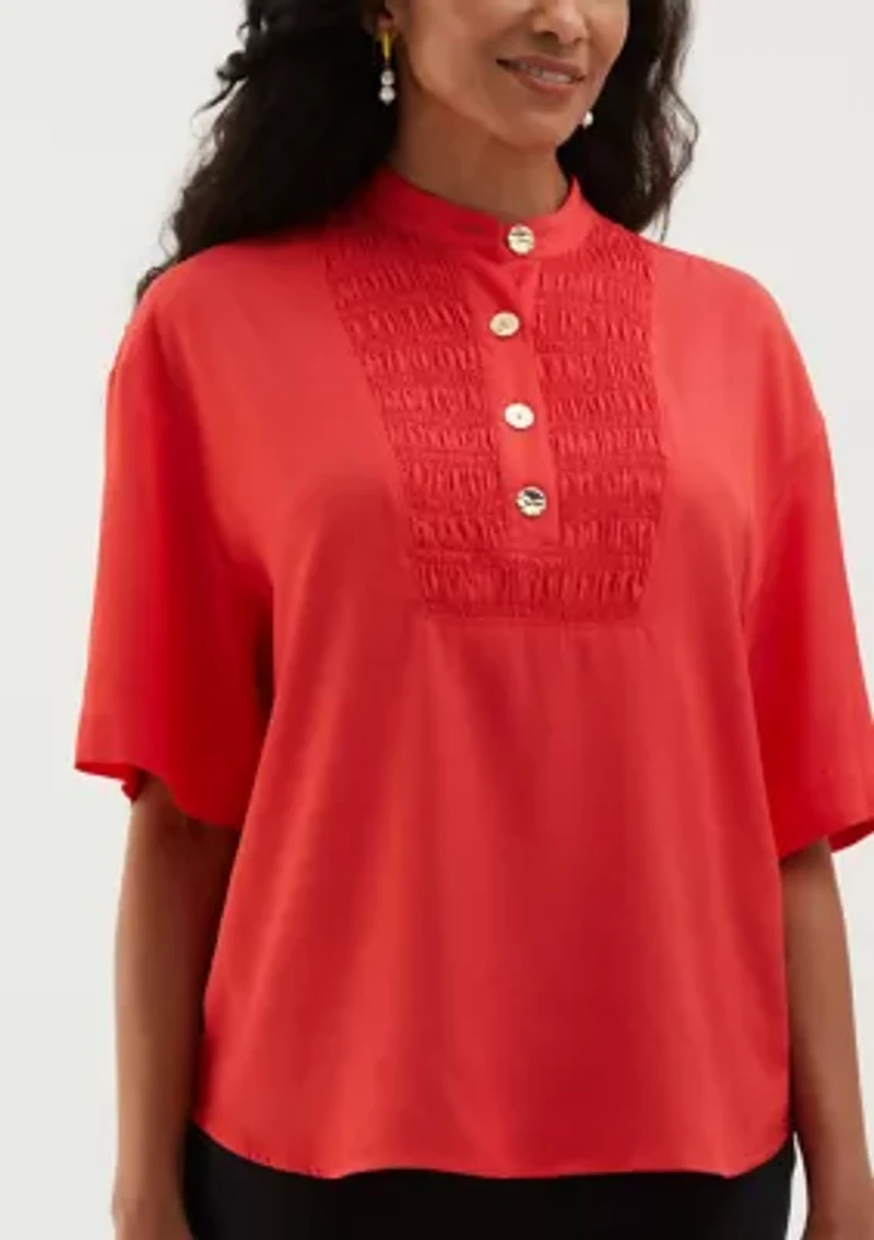 Petite Smocked Banded Collar Short Sleeve Top