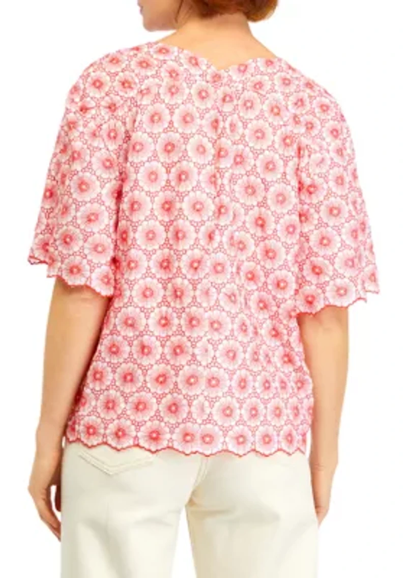 Petite Daisy Embroidered Elbow Sleeve Blouse