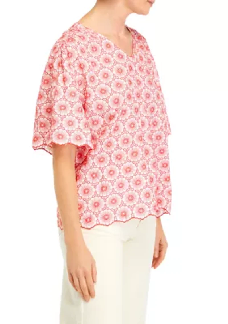 Petite Daisy Embroidered Elbow Sleeve Blouse