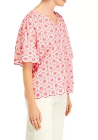 Petite Daisy Embroidered Elbow Sleeve Blouse