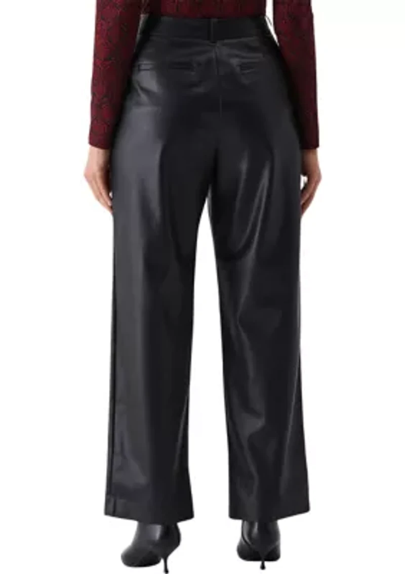 Vegan Leather Wide Leg Pleated Pants