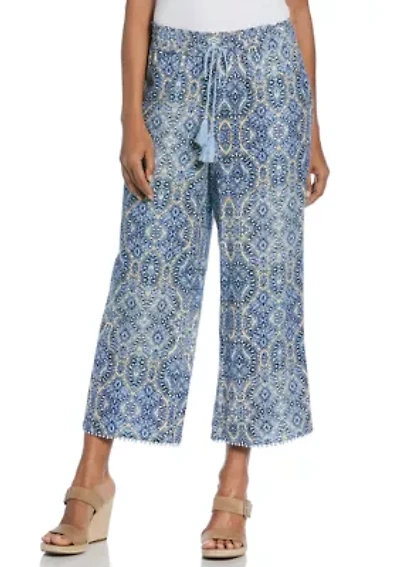 Women's Linen Blend Scroll Print Bobble Hem Crop Pants