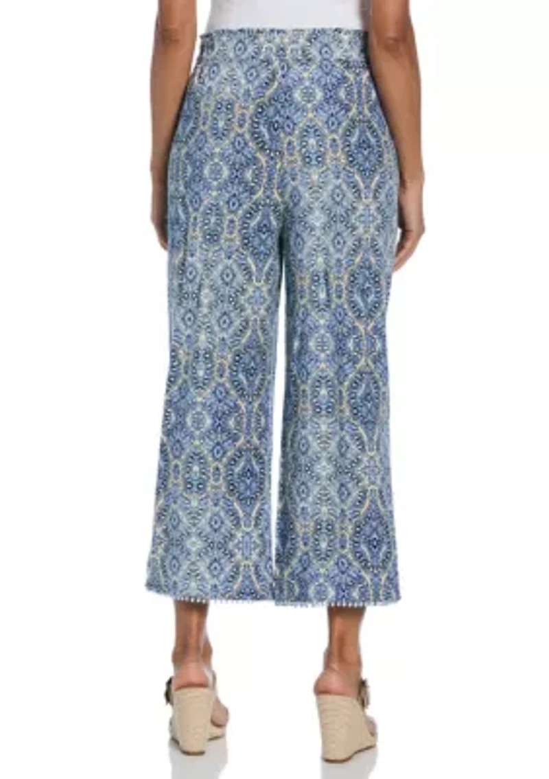 Women's Linen Blend Scroll Print Bobble Hem Crop Pants