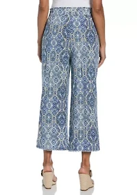 Women's Linen Blend Scroll Print Bobble Hem Crop Pants