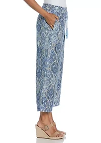 Women's Linen Blend Scroll Print Bobble Hem Crop Pants
