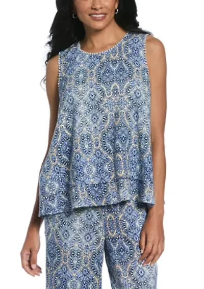 Linen Blend Scroll Print Bobble Trim Sleeveless Layered Top