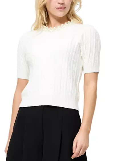 Embellished Neck Short Sleeve Sweater