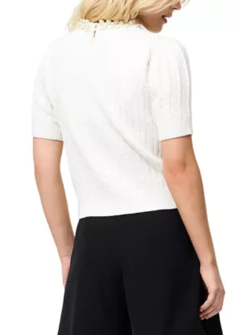 Embellished Neck Short Sleeve Sweater