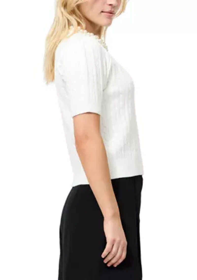 Embellished Neck Short Sleeve Sweater