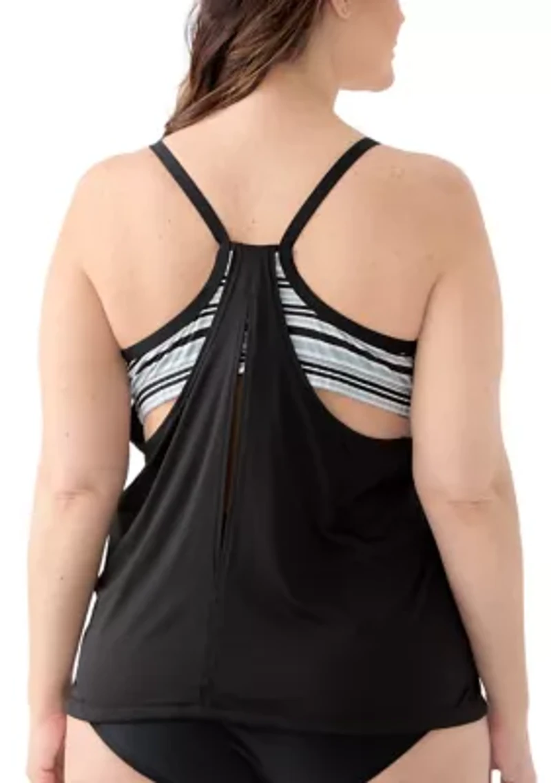 Off Stripe Layered Tankini Swim Top