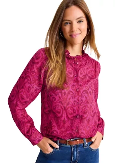 Women's Seaside Long Sleeve Ruffle Neck Top