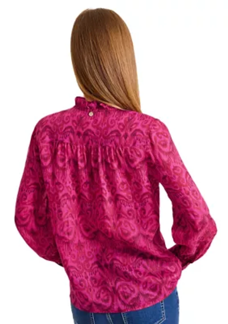 Women's Seaside Long Sleeve Ruffle Neck Top