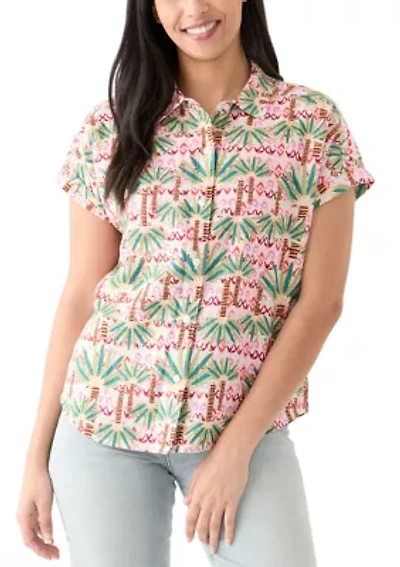 Women's Short Sleeve Printed Collared Button Up Shirt