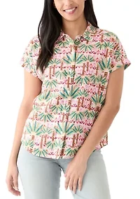 Women's Short Sleeve Printed Collared Button Up Shirt