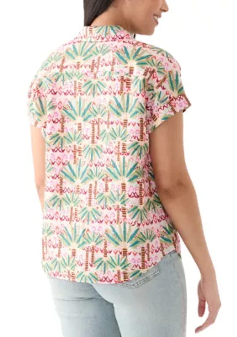 Women's Short Sleeve Printed Collared Button Up Shirt