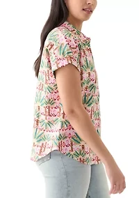 Women's Short Sleeve Printed Collared Button Up Shirt