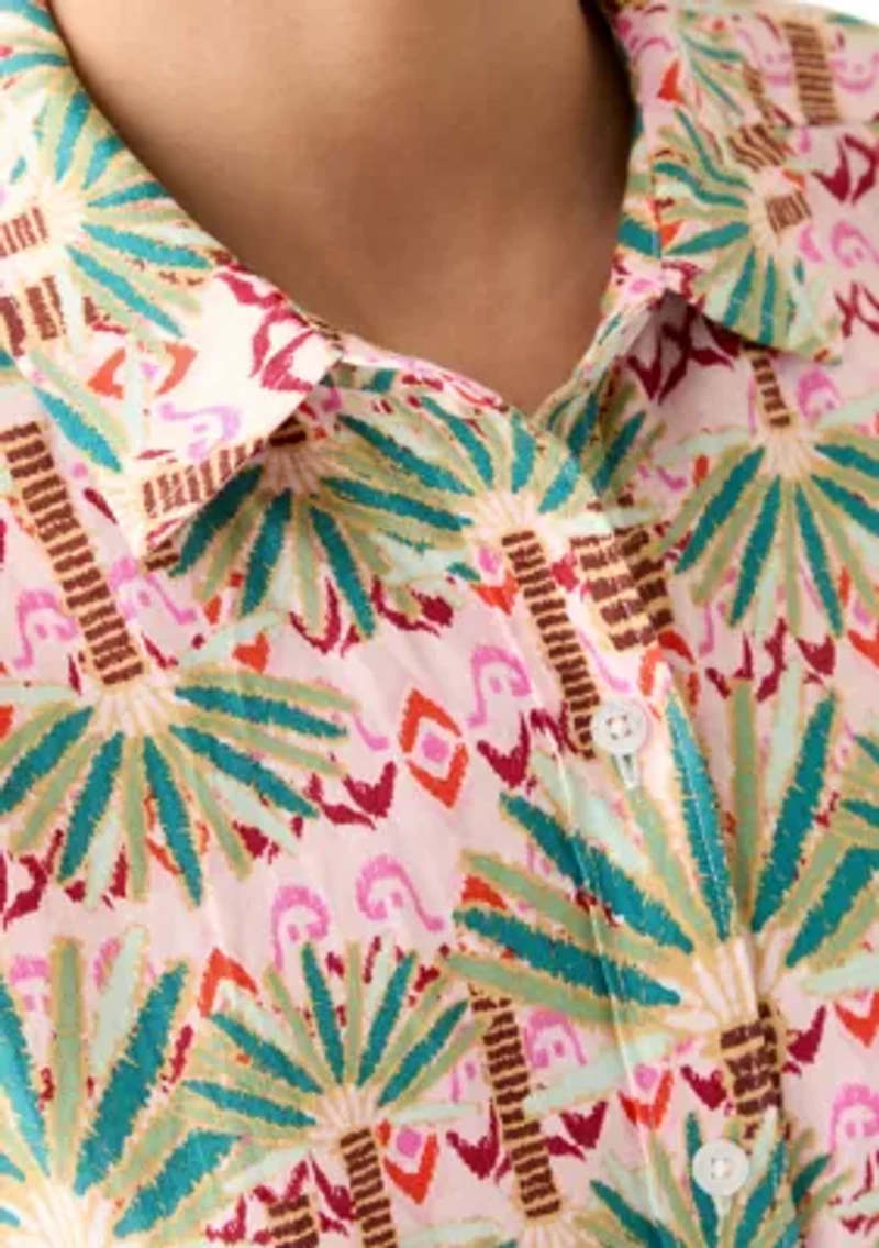 Women's Short Sleeve Printed Collared Button Up Shirt