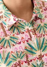 Women's Short Sleeve Printed Collared Button Up Shirt