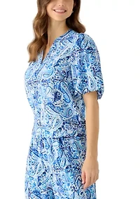 Women's Split Neck Puff Sleeve Blouse