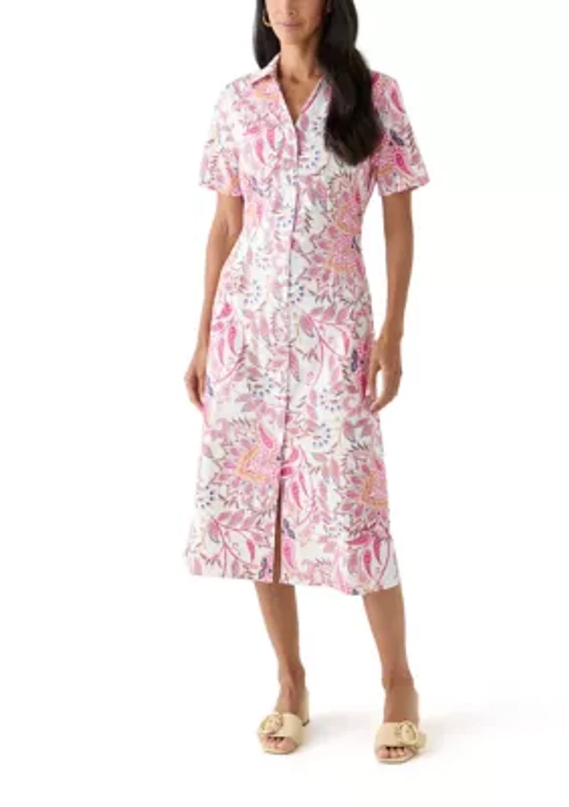 Women's Tie Waist Poplin Paisley Printed Midi Dress