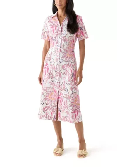 Women's Tie Waist Poplin Paisley Printed Midi Dress