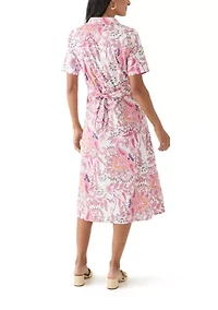 Women's Tie Waist Poplin Paisley Printed Midi Dress