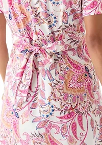Women's Tie Waist Poplin Paisley Printed Midi Dress