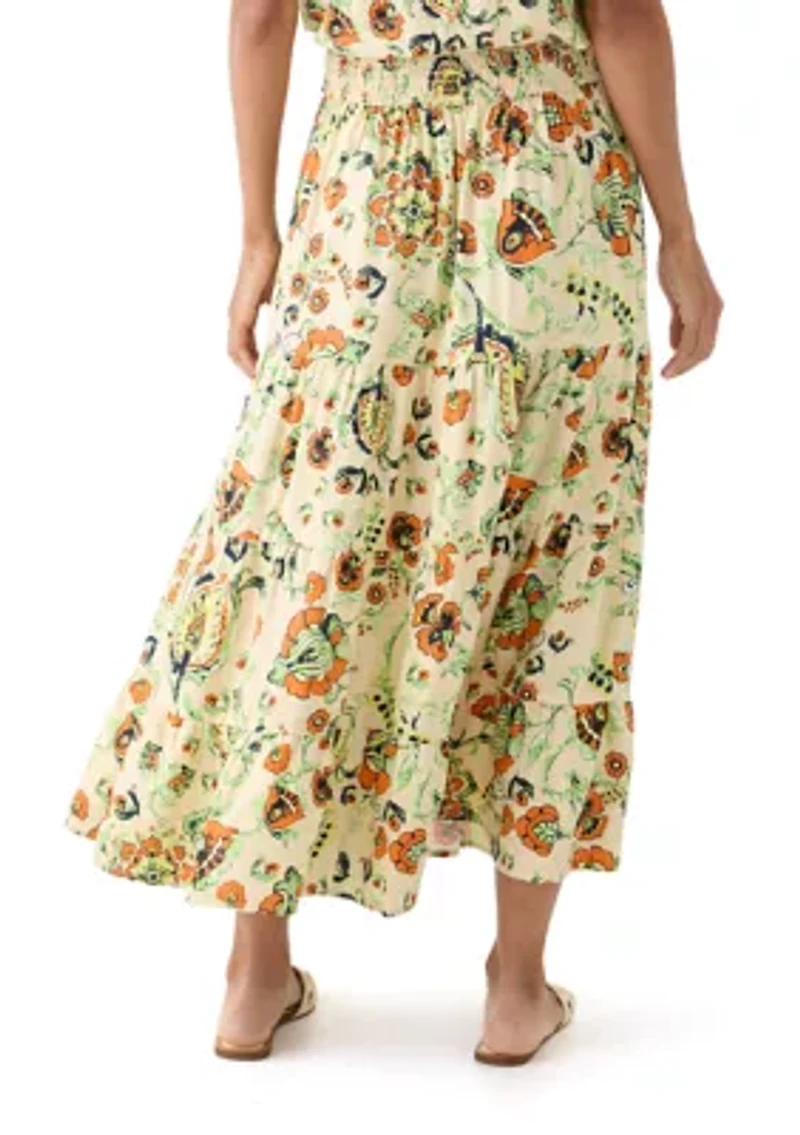 Women's Printed Twill Tiered Midi Skirt