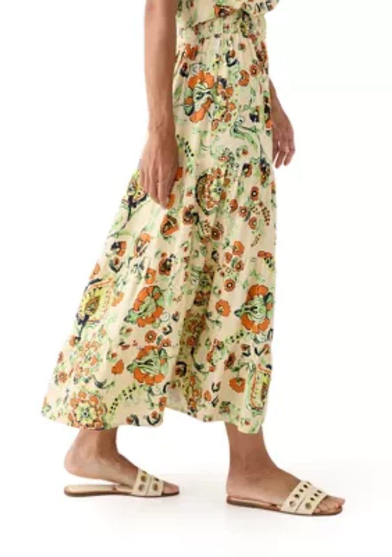 Women's Printed Twill Tiered Midi Skirt