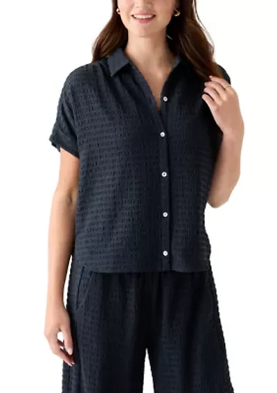 Women's Short Sleeve Textured Camp Shirt